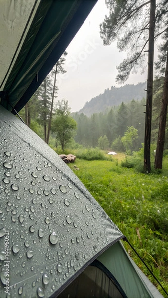 Fototapeta Raindrops patter gently on the roof of a tent pitched in a serene natural setting. enhancing the experience of outdoor adventure and camping amidst nature's beauty