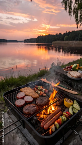 Fototapeta Barbecue scene by a lake at sunset. with a focus on the slow cooking process over an open flame. the barbecue filled with a variety of meats. vegetables on the side