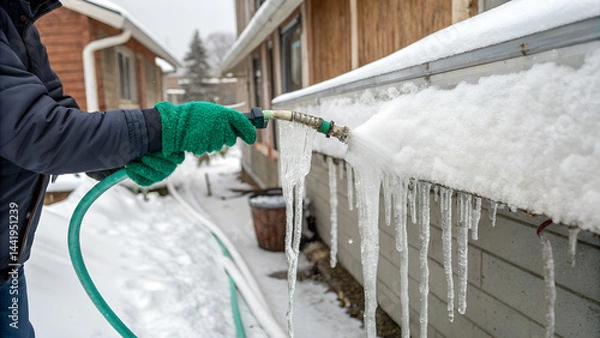 Fototapeta Person wearing green gloves holds frozen outdoor hose. surrounded by snow and ice. scene captures chill of winter. emphasizing need for winterizing outdoor plumbing