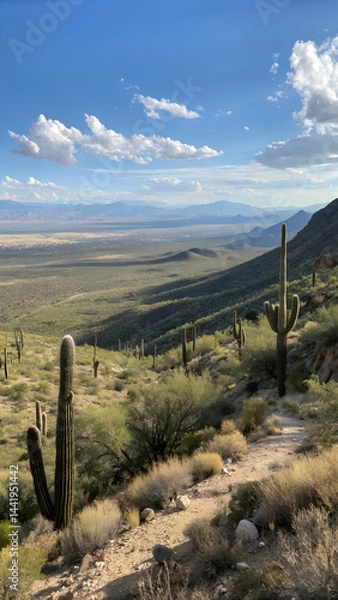 Fototapeta Rugged desert landscape unfolds in southeastern Arizona's Cochise County. featuring iconic saguaro cacti. sandy washes. and vast open ranges under a clear blue sky.