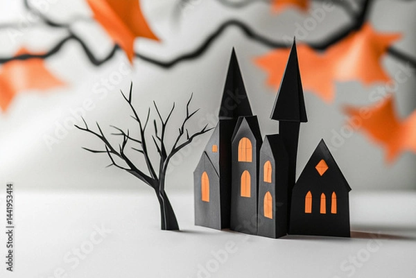 Fototapeta Origami Halloween Scene with Pumpkins and Haunted Houses