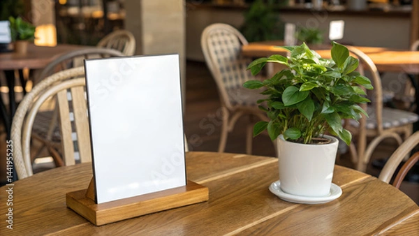 Fototapeta A white sign sits on a table next to a potted plant. The sign is empty. and the plant is green and leafy. The scene is set in a restaurant. with a wooden table and chairs