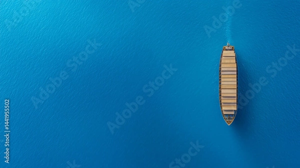 Fototapeta Aerial view of large cargo ship navigating through deep blue waters, showcasing its vastness