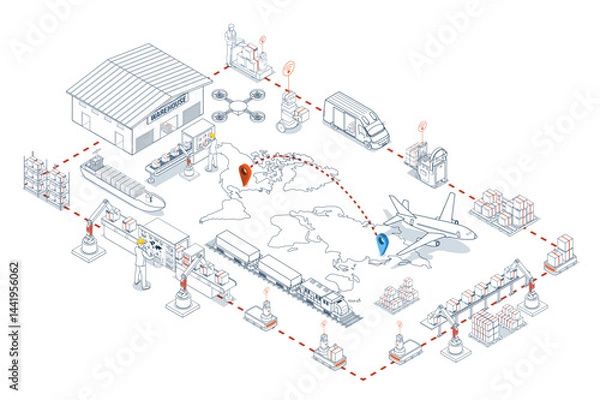 Obraz Global logistics network. 3D isometric scenes showing export-import operations via air, road, rail, and cargo services.