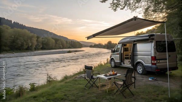 Fototapeta Van with an awning extended. parked beside a riverbank with camping chairs and a small table set up for an evening by the water. capturing the essence of riverside camping
