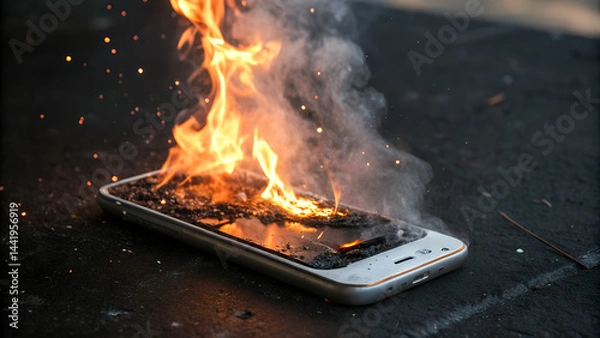 Fototapeta Burning smartphone exploding after overcharging battery with flames and smoke that destroy the melting smart phonewith flames and smoke that destroy the melting smart phone