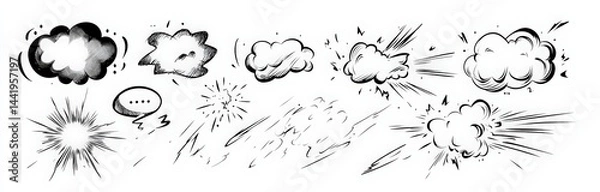 Fototapeta doodle comic elements set with speech bubbles, explosion clouds, lightning bolts, and cartoon words like bam on white background. vector hand-drawn symbols in simple style