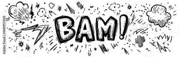 Fototapeta doodle comic elements set with speech bubbles, explosion clouds, lightning bolts, and cartoon words like bam on white background. vector hand-drawn symbols in simple style