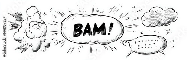 Fototapeta doodle comic elements set with speech bubbles, explosion clouds, lightning bolts, and cartoon words like bam on white background. vector hand-drawn symbols in simple style