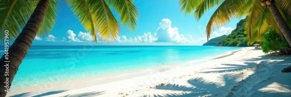 Fototapeta Sun-drenched white sand beach, turquoise sea, palm trees , blue, white sand