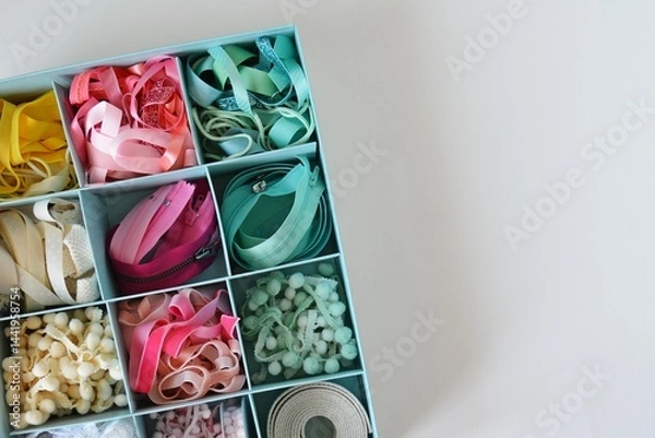Fototapeta Colorful ribbons, cords and zippers in blue box on white background