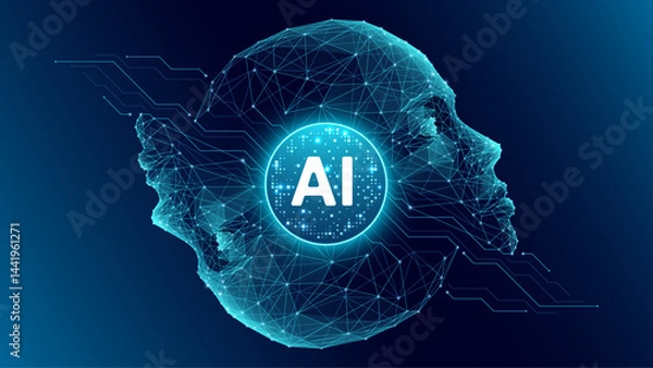 Fototapeta Artificial intelligence circle processor and two human abstract faces. AI innovation concept. Light blue machine learning chip in the center on dark blue technology background.Humanoid robot head tech
