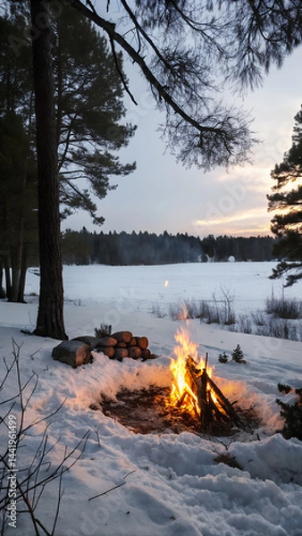 Fototapeta A fire is lit in a snow-covered field. surrounded by trees. The scene is peaceful and serene. with the fire providing warmth and light in the midst of the cold winter landscape