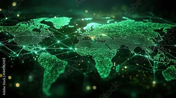 Fototapeta A glowing green world map features interconnected nodes spread across continents. --ar 16:9 --style raw --stylize 250 --v 6.1 Job ID: 4fd40fa2-b238-4a16-bd33-3d06c0c21170