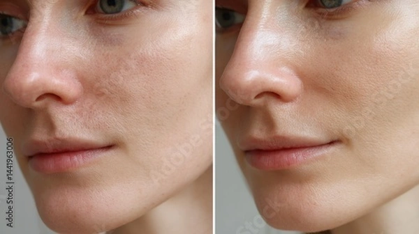 Obraz Comparison of skin before and after brightening serum treatment, left side dull and dry, right side radiant, smooth and glowing
