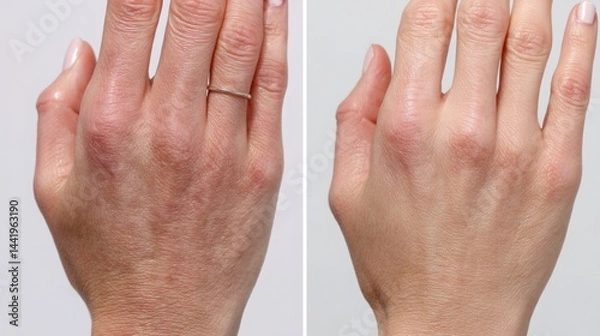 Fototapeta Comparison of skin before and after brightening serum treatment, left side dull and dry, right side radiant, smooth and glowing