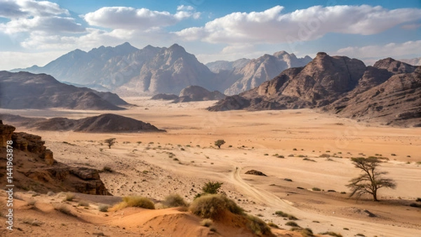 Fototapeta A scenic bare mountain range and sandy valley desert in the Middle East or Africa make a captivating landscape for photography with ample copy space image in a horizontal frame.