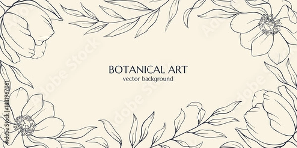 Obraz Abstract art botanical beige background vector. Luxury wallpaper with line, leaf, flowers, tree. Minimal design banner for text. Vector illustration. Trendy wildflowers and minimalist flowers.