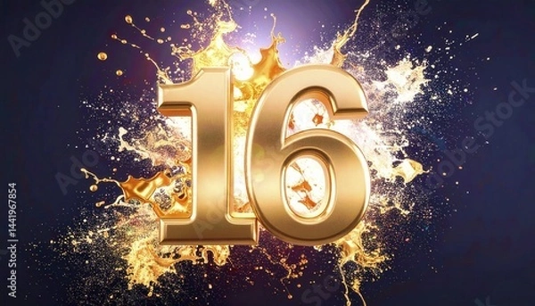 Fototapeta Golden Number 16 with Colorful Splash Effect