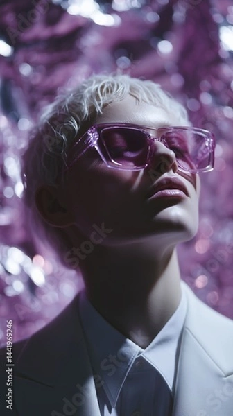 Fototapeta Closeup of a woman with short white hair wearing large pink glasses and a white suit, purple backdrop.