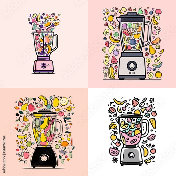 Fototapeta Colorful hand-drawn blender illustrations with fruits and smoothie ingredients. Perfect for healthy food, smoothie recipes, kitchen tools, and juice content.

