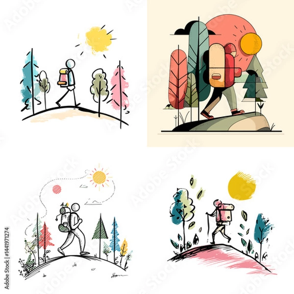 Fototapeta Hand-drawn hiking illustrations with colorful backgrounds, showing people exploring nature with backpacks. Ideal for adventure blogs, outdoor gear promos, or travel content.

