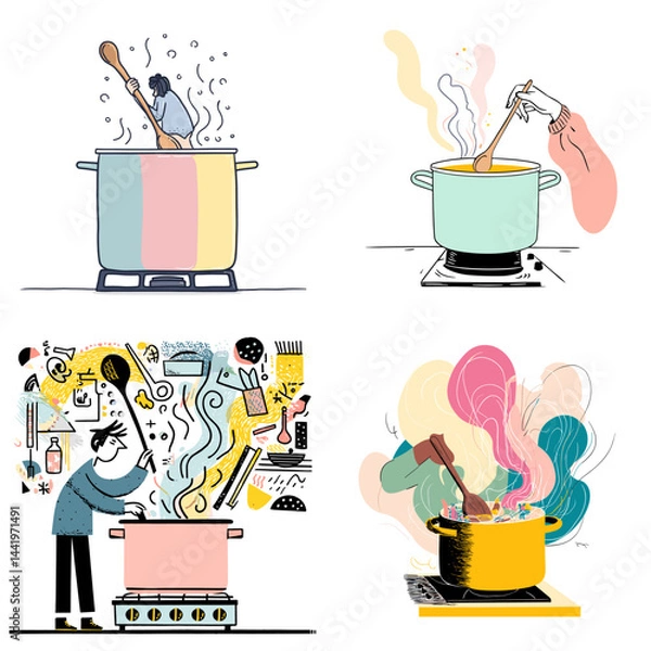 Fototapeta Hand-drawn illustrations of people cooking with pots, steam, and utensils. Ideal for culinary designs, cooking blogs, food magazines, and kitchen-themed creative content.


