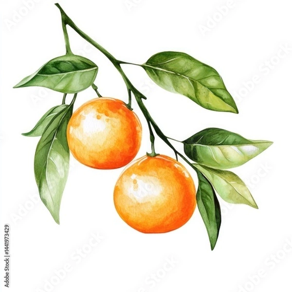 Fototapeta Watercolor illustration of oranges on branches isolated on white background for natural design and decoration