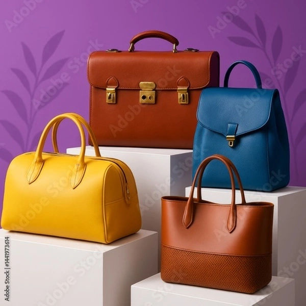 Fototapeta A vibrant fashion display showcasing a variety of stylish handbags arranged on white podiums against a purple background.