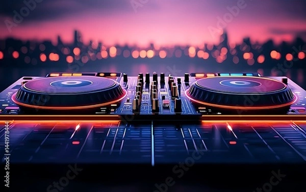 Fototapeta DJ controller at night, city lights in the background