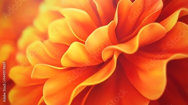 Fototapeta Close up view of an orange flower with soft, glowing light. The petals are intricately detailed, showing a gradient of orange and yellow hues. The image is sharply focused on the flower's center