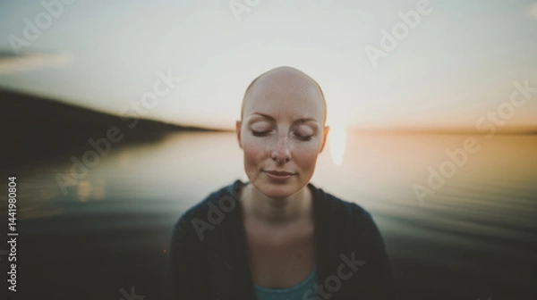 Obraz A bald woman sits with closed eyes in front of a tranquil lake at dusk, reflecting calm, peace, and inner strength.