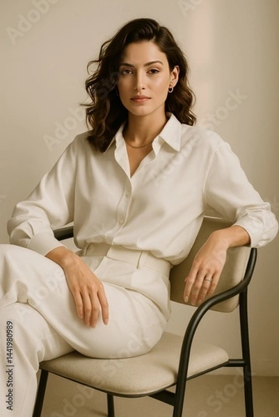 Fototapeta A confident woman with wavy hair, dressed in an elegant, oversized white blouse and tailored trousers, sitting gracefully on a modern chair.