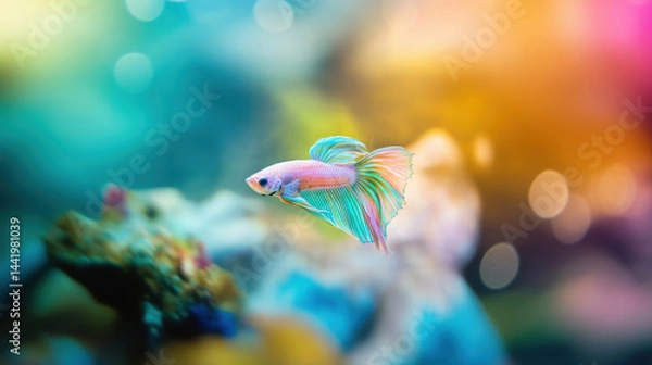 Obraz Delicate pastel-colored betta fish swimming elegantly in an artistic and colorful underwater environment.