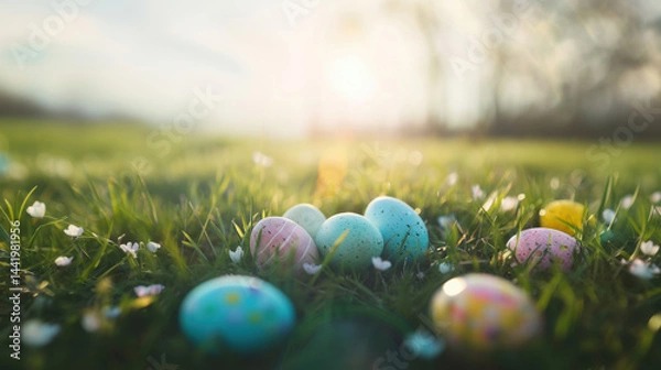 Obraz Pastel Easter eggs hidden among green grass with small flowers, glowing in gentle morning light.