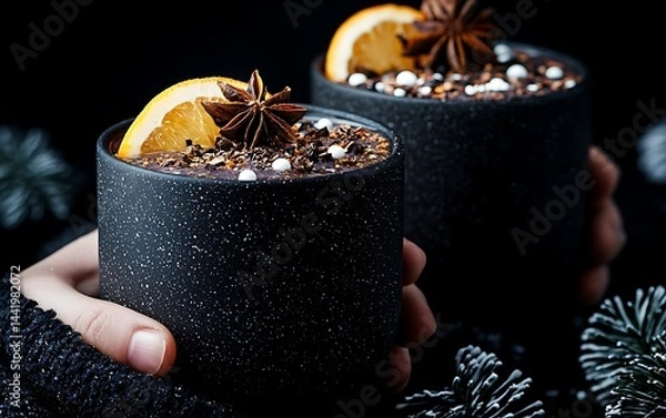 Fototapeta Two dark mugs of warm, spiced beverage, topped with orange slices and star anise