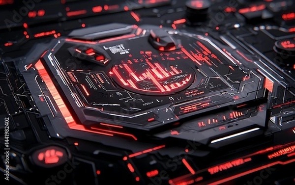 Fototapeta Futuristic circuit board with glowing red accents