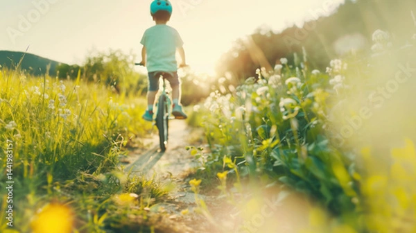 Obraz Young boy riding a bike through a sunlit green path surrounded by wildflowers and fields, enjoying outdoor freedom.