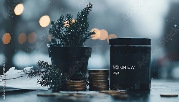 Fototapeta Winter scene with potted plant, candle, and coins Snow and bokeh