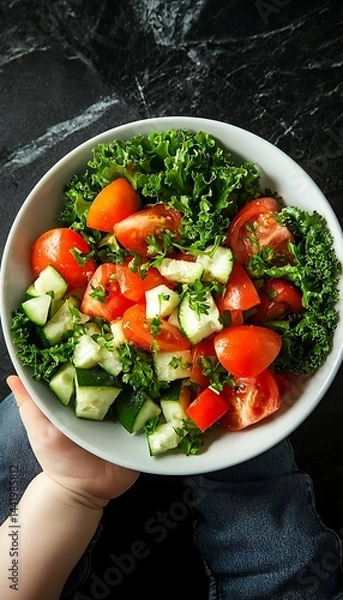 Fototapeta Colorful salad with kale, tomatoes, and cucumber