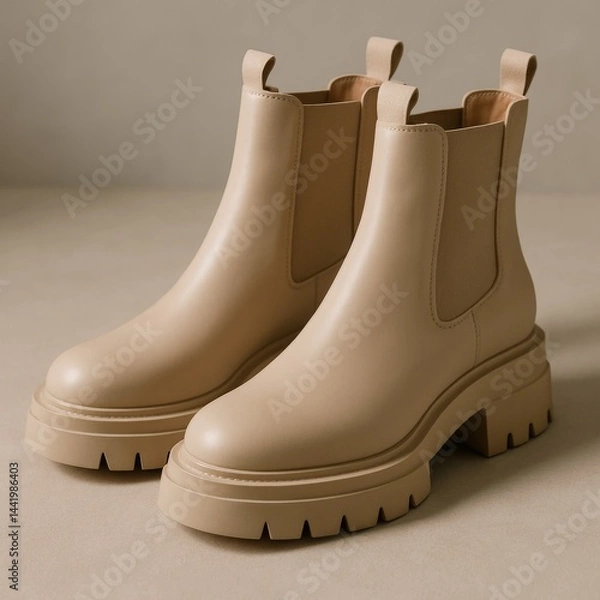 Fototapeta A close-up shot of beige leather Chelsea boots with chunky soles, elegantly placed on a soft, neutral-colored surface.