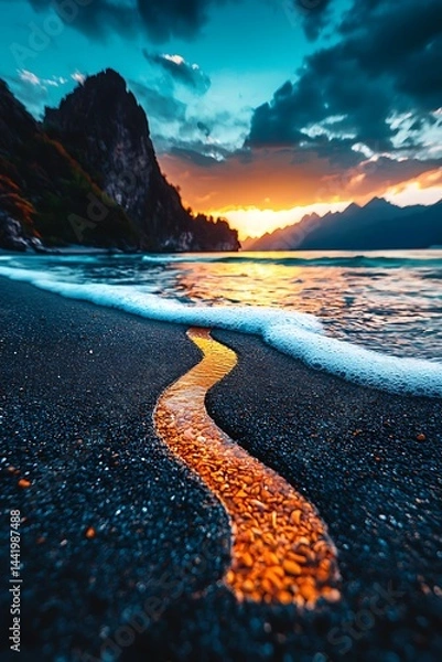 Fototapeta Golden stream flows through dark beach at sunset