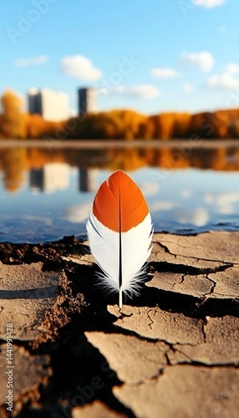 Fototapeta Single feather on cracked earth, reflecting in calm water, urban backdrop