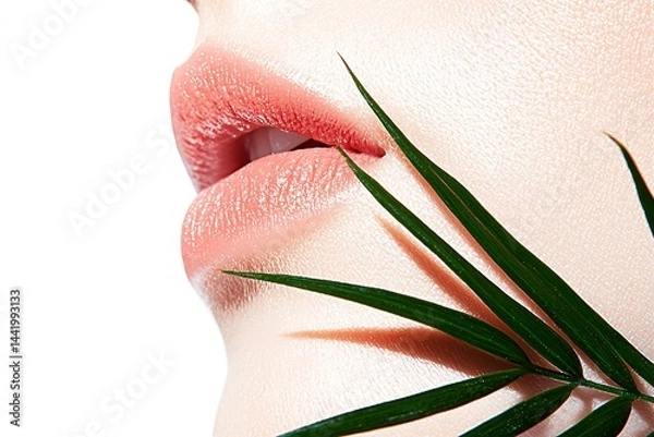 Fototapeta Close-up of woman's fresh, soft lips with tropical leaf