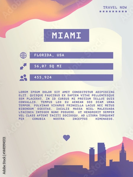 Fototapeta Miami, Florida state vector infographics, brochure layout. Guide, leaflet, flyer, advertising graphic template with text, information, USA city skyline shape. Page, festival, cover mock up image