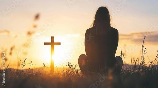 Fototapeta Woman praying beneath cross with sunset flare, hope and grace in nature
