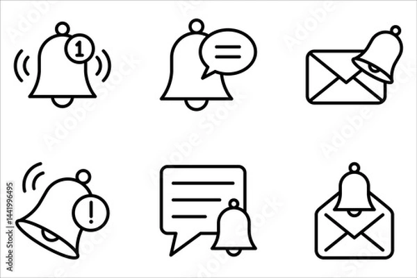 Fototapeta Notification bell icon set. Alarm symbol. Incoming message symbol. New notification on white background