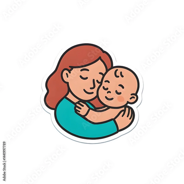 Fototapeta Nurturing Embrace. A tender illustration captures a mother's gentle embrace as she cradles her precious baby, symbolizing the warmth and comfort of parental love.