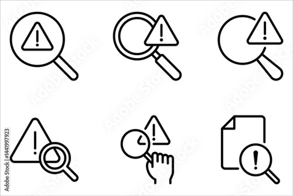 Fototapeta Problem identification icon set. magnifying glass with exclamation mark on white background