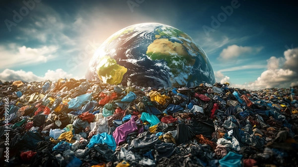 Fototapeta A globe surrounded by discarded clothes heap, symbolizing clothes waste recycling and sustainability, Fast fashion waste, Pollution environmental issues, Global warming concept